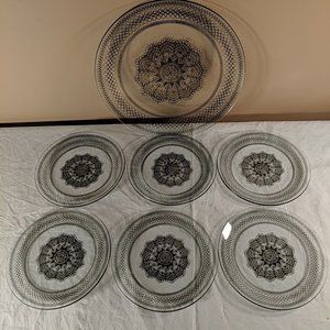 1951 Chance Glass Serving Plate and 6 dessert plates, set of 7 Black Lace